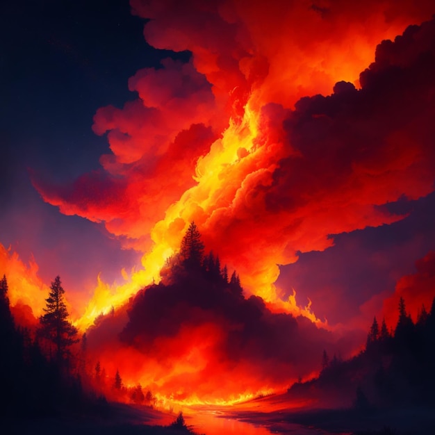 Bright yellow RED fire blazing against the night sky