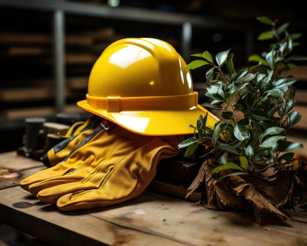 Bright yellow safety gear on wooden surface construction image