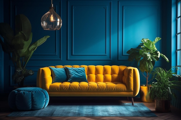 A bright yellow sofa in a living room with a blue wall and a plant in the corner.