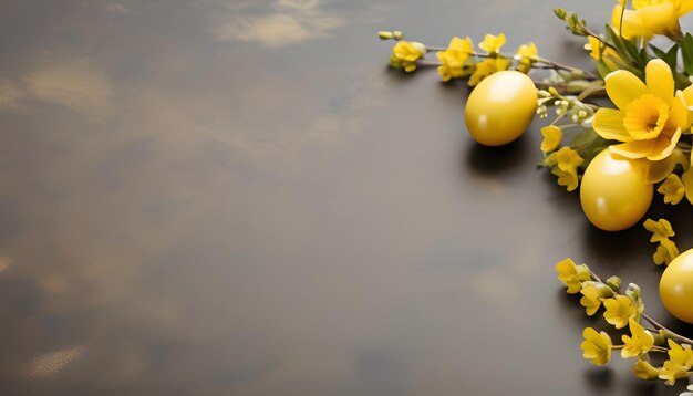 Bright yellow spring flowers and golden Easter eggs on yellow background