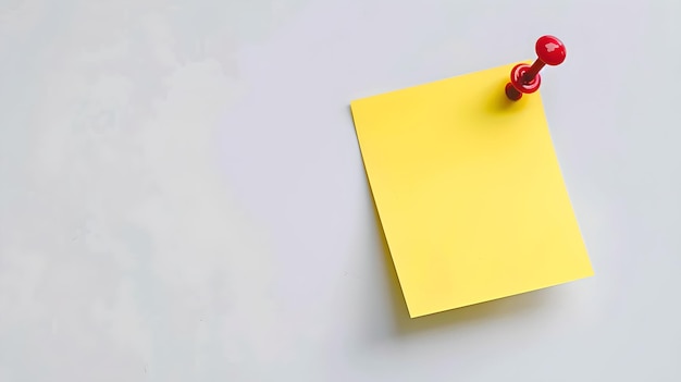 Photo bright yellow sticky note on a gray background pinned by a red pushpin minimalistic composition ideal for reminders and memos simple and clean design for organization ai