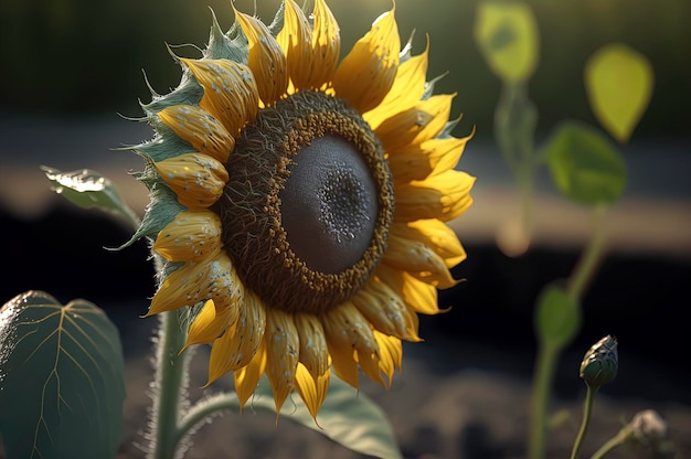 Bright yellow sunflower in field