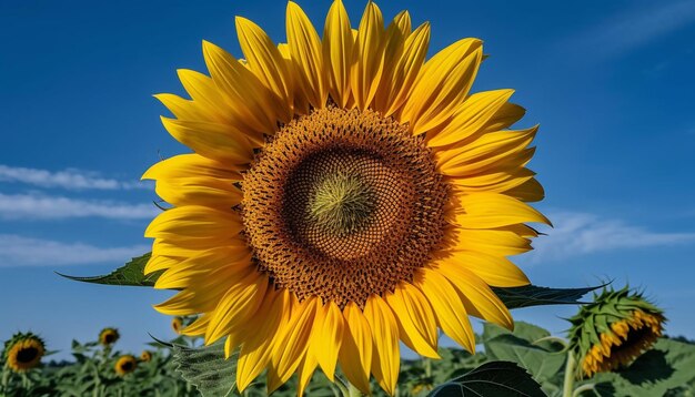 Bright yellow sunflower in a meadow surrounded by vibrant nature generated by artificial intelligence