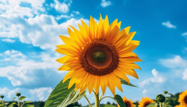 Bright yellow sunflower in a vibrant meadow under blue sky generated by artificial intelligence