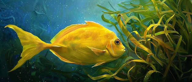 緑 の 海藻 の 中 で 泳ぐ 明るい 黄色い タン 魚