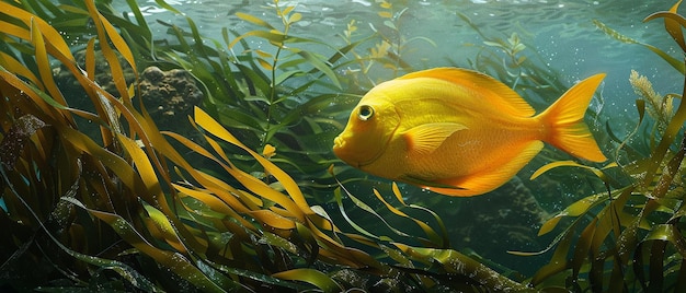 緑 の 海藻 の 中 で 泳ぐ 明るい 黄色い タン 魚