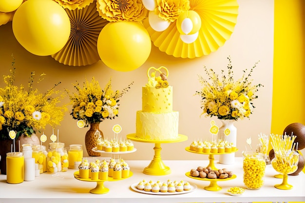 Bright yellow theme birthday party table and decorations with sweets and gifts