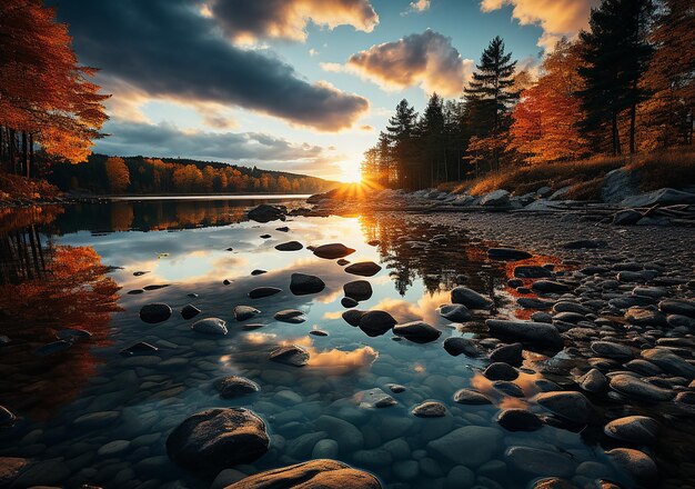 bright yellow trees in the water