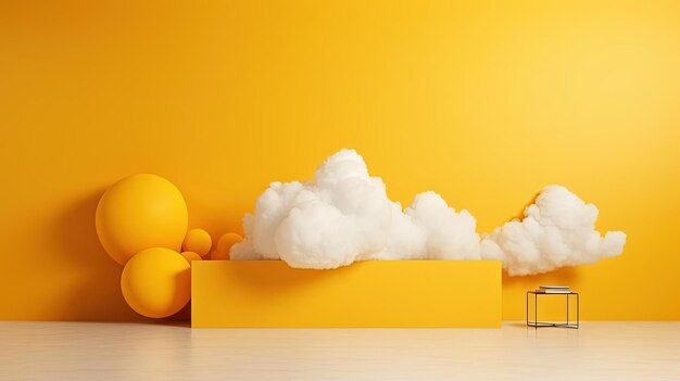 A bright yellow wall has cloud clouds above it in the style of rendered in cinema4d