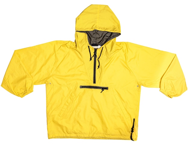 Bright yellow waterproof jacket with a hood isolate on a white background