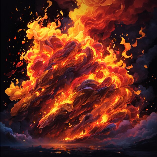 Bright yellowRED fire blazing against night sky