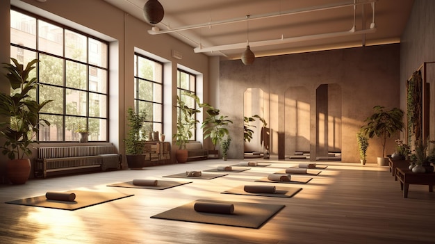 Bright yoga studio with equipment