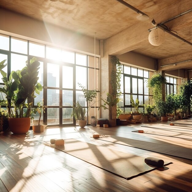 Bright yoga studio with equipment
