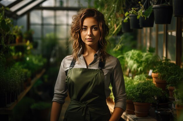 Bright young lady with a black apron and green shirt Generative Ai