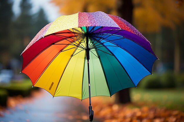 A brightcolored rainbow umbrella in the rain Generative Ai