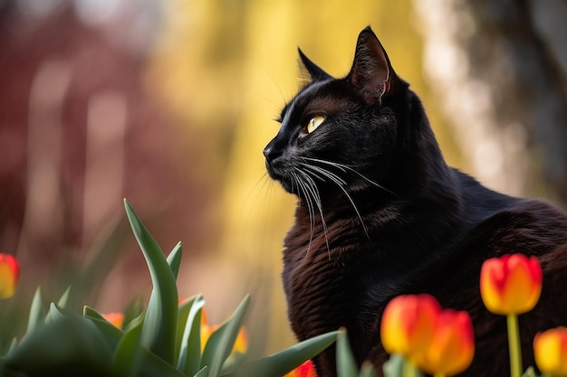 BrightEyed Black Cat rust in een kleurrijke tuin