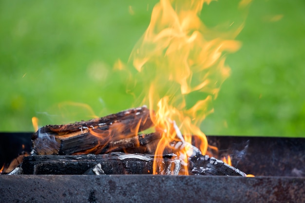 Brightly burning in metal box firewood for barbecue outdoor