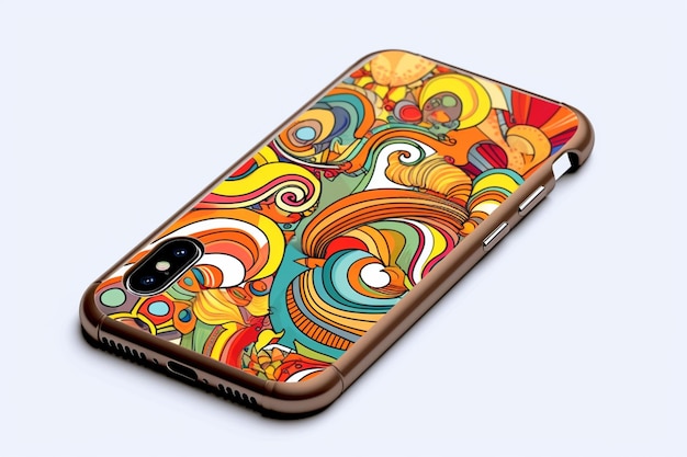 Brightly colored abstract design on a phone case on a white surface generative ai