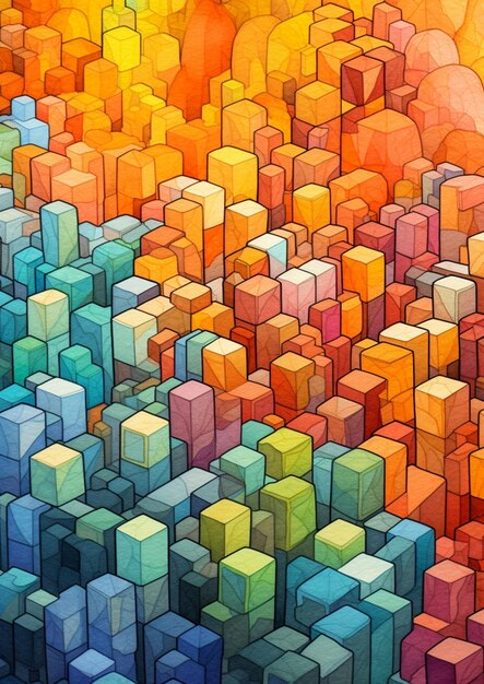 Brightly colored abstract painting of a city with a sun in the background generative ai