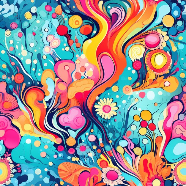 Brightly colored abstract painting of flowers and swirls on a blue background generative ai
