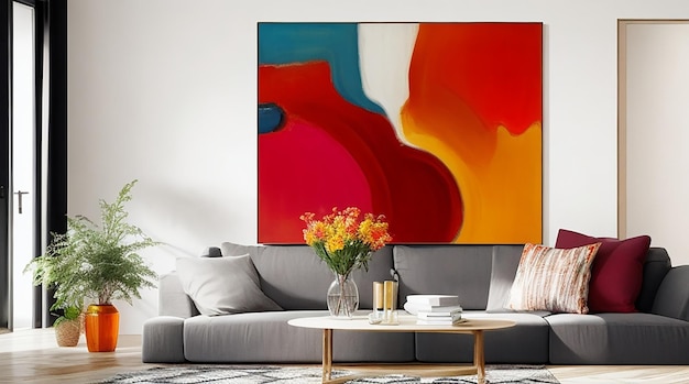 A brightly colored abstract painting hangs above a couch in a living room