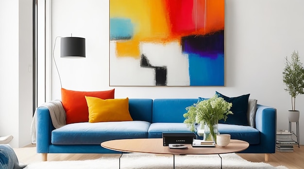 A brightly colored abstract painting hangs above a couch in a living room