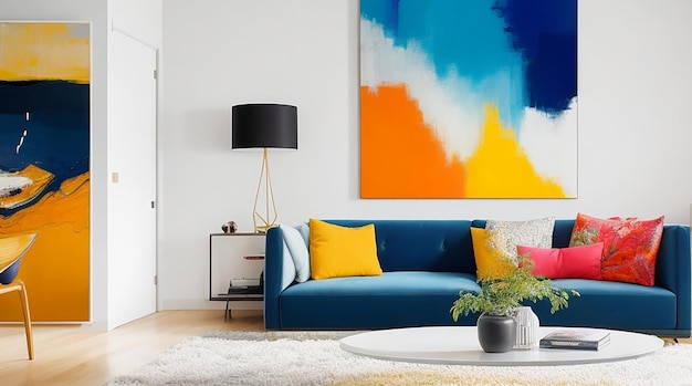 A brightly colored abstract painting hangs above a couch in a living room