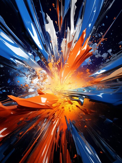 写真 スピードボートがオレンジ色と青色のバラバラで速く走っている明るい色の抽象的な絵画