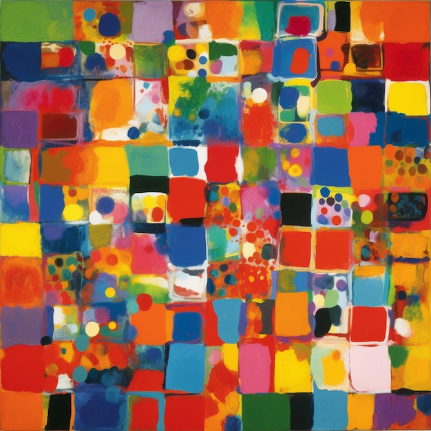 Photo a brightly colored abstract painting of squares and dots on a white background generative ai