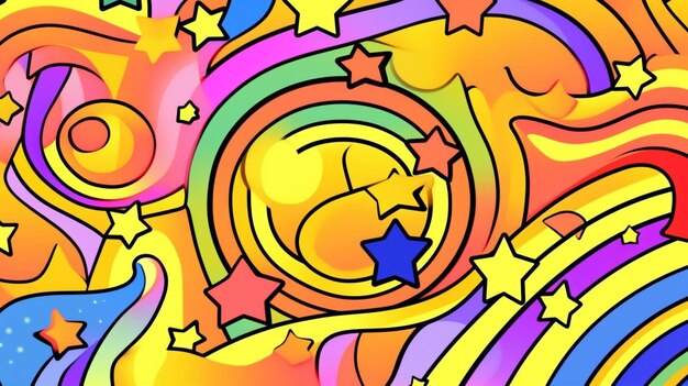 Brightly colored abstract painting of a sun with stars and a rainbow generative ai