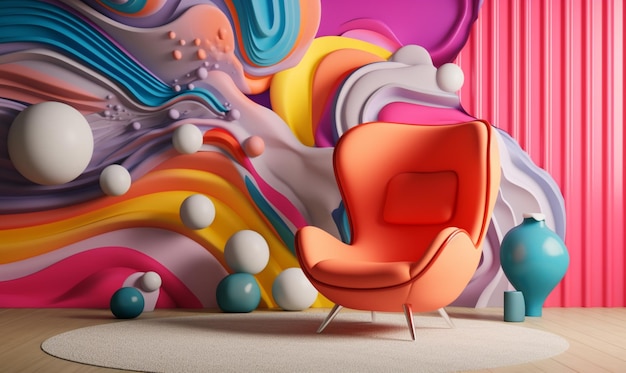 Brightly colored abstract wall with a chair and vases in front of it generative ai