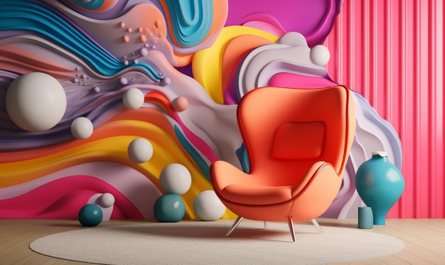 Foto parete astratta dai colori vivaci con una sedia e vasi di fronte ad essa ai generativi