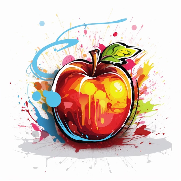 brightly colored apple with splattered paint and leaf on white background generative ai