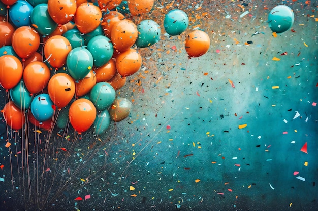 Brightly colored balloons are tossed in the air around a wooden frame of colored ribbon and paper
