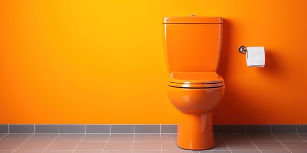 Brightly colored bathroom with a vibrant orange toilet offering a pop of fun