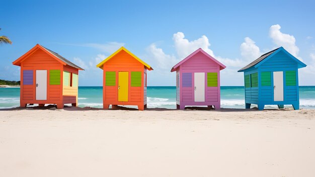 Brightly colored beach cabanas lining the shore