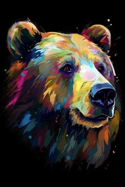 Brightly colored bear portrait on black background with splatters of paint generative ai