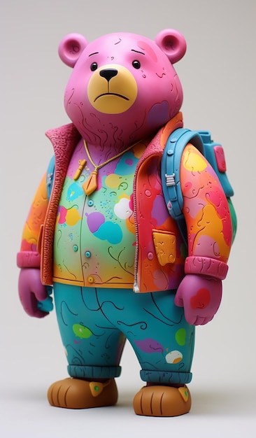 brightly colored bear with backpack and backpack on white background generative ai