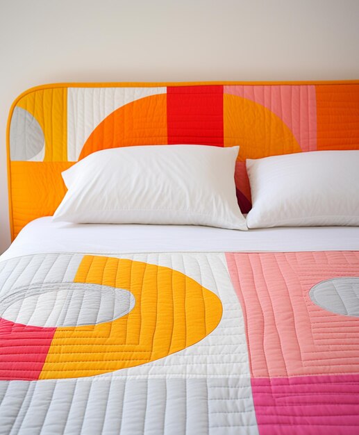 Brightly colored bed with a white pillow and a pink and orange quilt generative ai