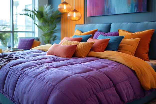 Brightly colored bedding in a fancy bedroom