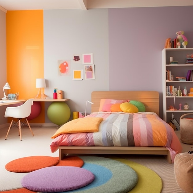 A brightly colored bedroom with a bed generative ai