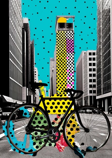 ярко окрашенный велосипед на городской улице со зданиями на заднем плане генеративный ИИ
