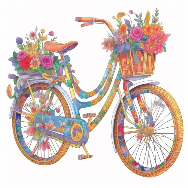 brightly colored bicycle with flowers in basket on front wheel generative ai