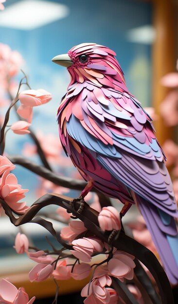 분홍색 꽃 생성 인공 지능이 있는 나무 가지에 밝은 색의 새가 자리 잡고 있습니다.