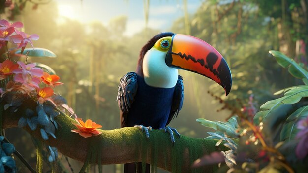 brightly colored bird perched on a branch in a tropical forest generative ai