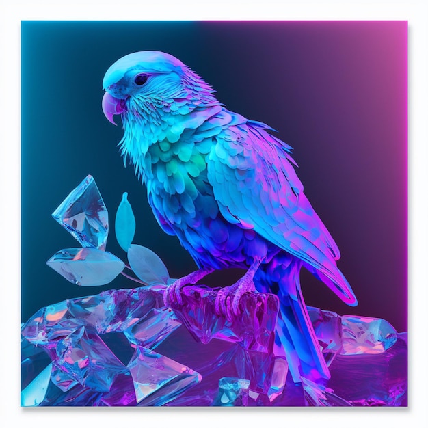 Photo brightly colored bird perched on a branch with crystals and a leaf generative ai