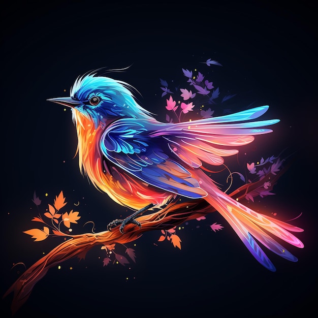 brightly colored bird sitting on a branch with leaves and flowers generative ai