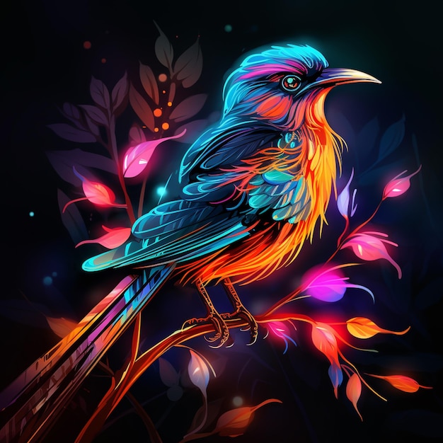 Ярко окрашенная птица сидит на ветке с листьями и цветами, генеративный ИИ