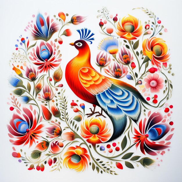 ярко окрашенная птица, сидящая на цветочном рисунке на белом фоне