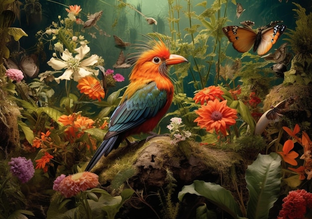 Brightly colored bird sitting on a rock surrounded by flowers and butterflies generative ai